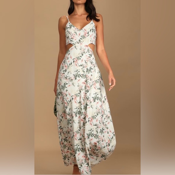 Lulus Dresses & Skirts - (4b) Tea Party White Floral Print Tie-Back Cutout Maxi Dress